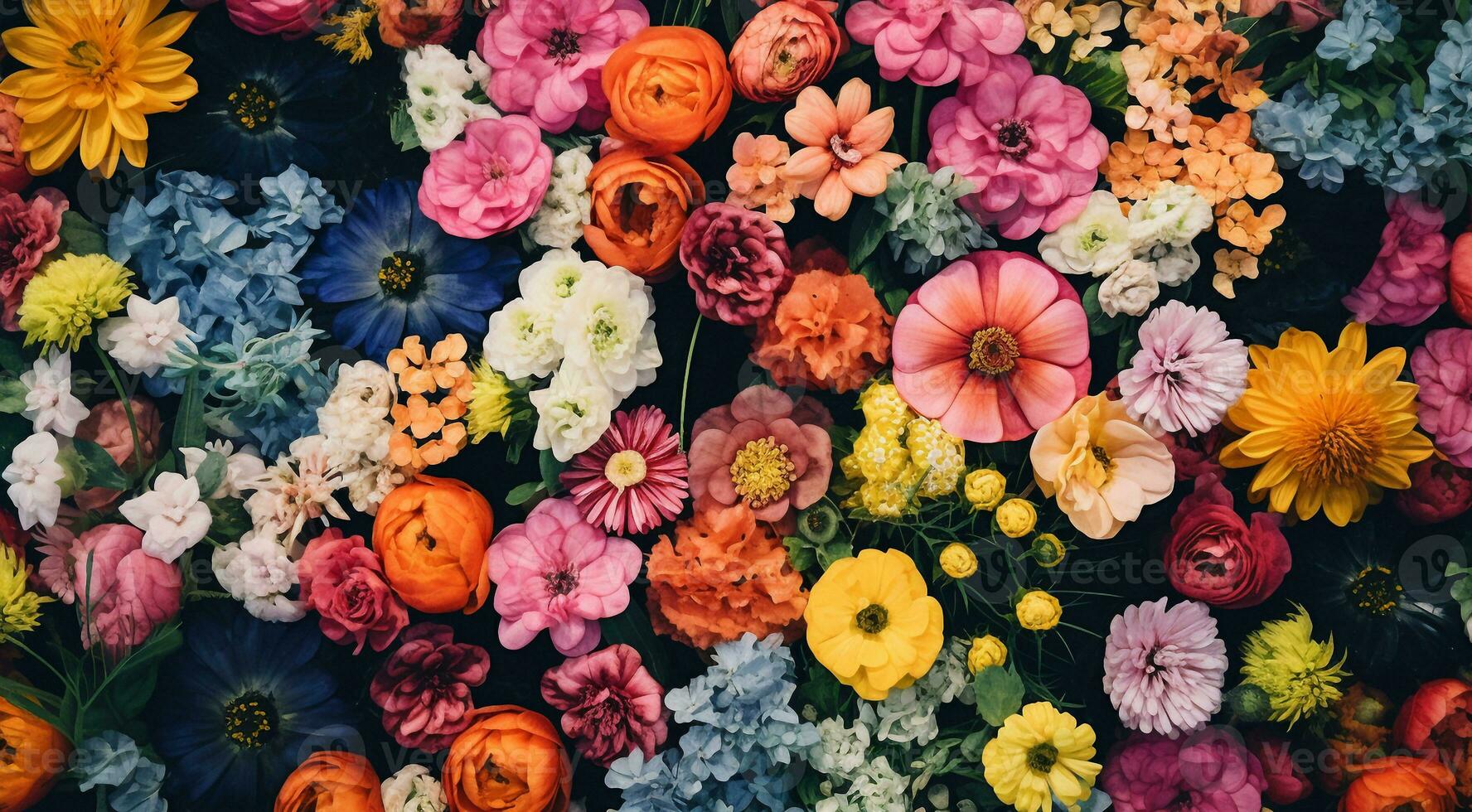 AI generated field of flowers, flowers in the field, colored flowers under the sky, colored flowers, flowers field photo