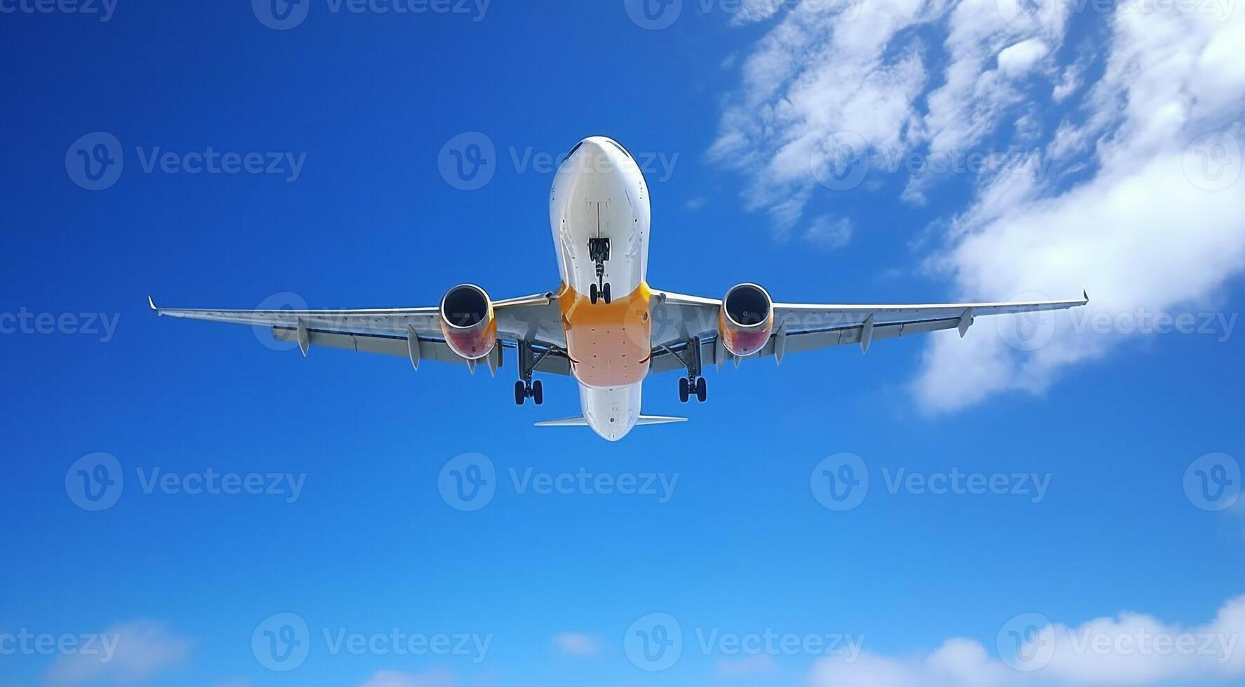 AI generated airplane in the blue sky, airplane in the sky, flying airplane in the air, close-up of a airplane photo