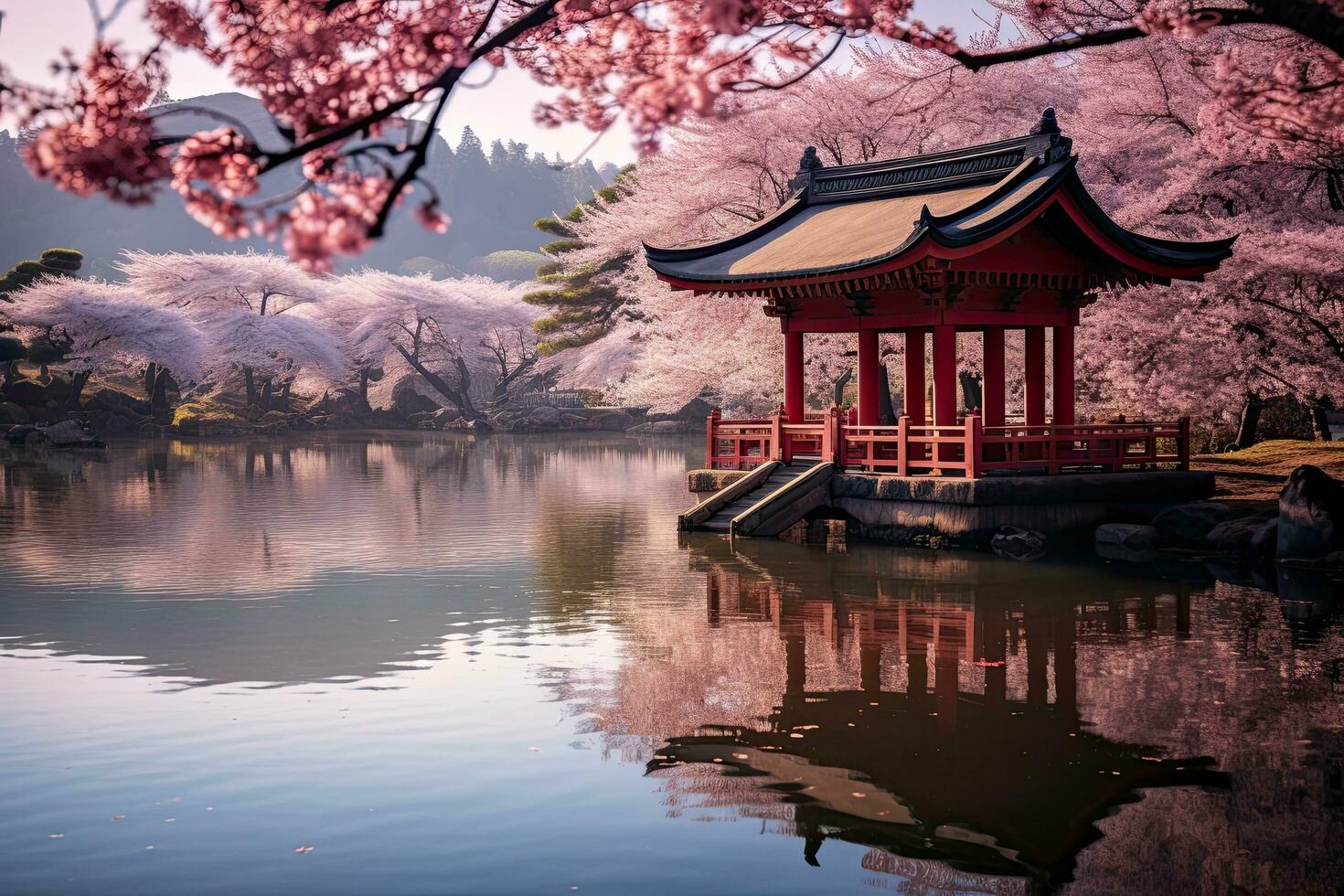 ai generado hermosa japonés jardín con Cereza florecer y pagoda, ai generado foto