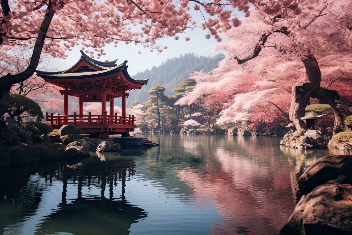 AI generated Beautiful cherry blossom at Gyeongbokgung Palace in Seoul, South Korea, AI Generated photo