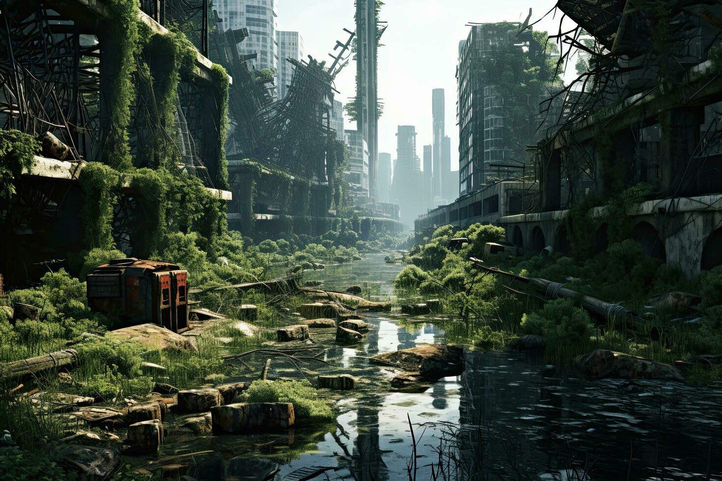 AI generated Ruins of an industrial complex in the middle of the jungle, AI Generated photo