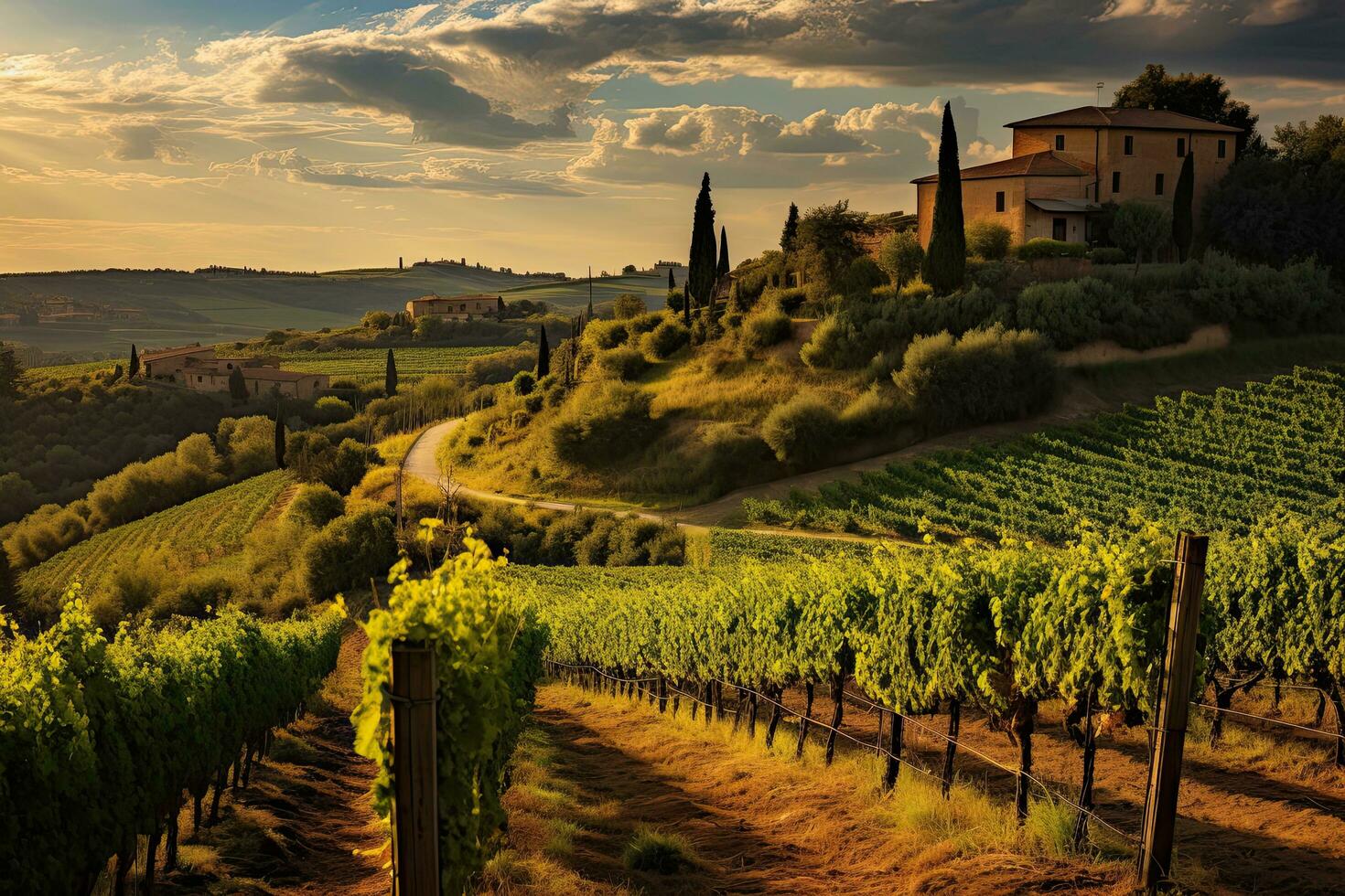 AI generated Vineyards in Tuscany at sunset, Italy, Europe, AI Generated photo