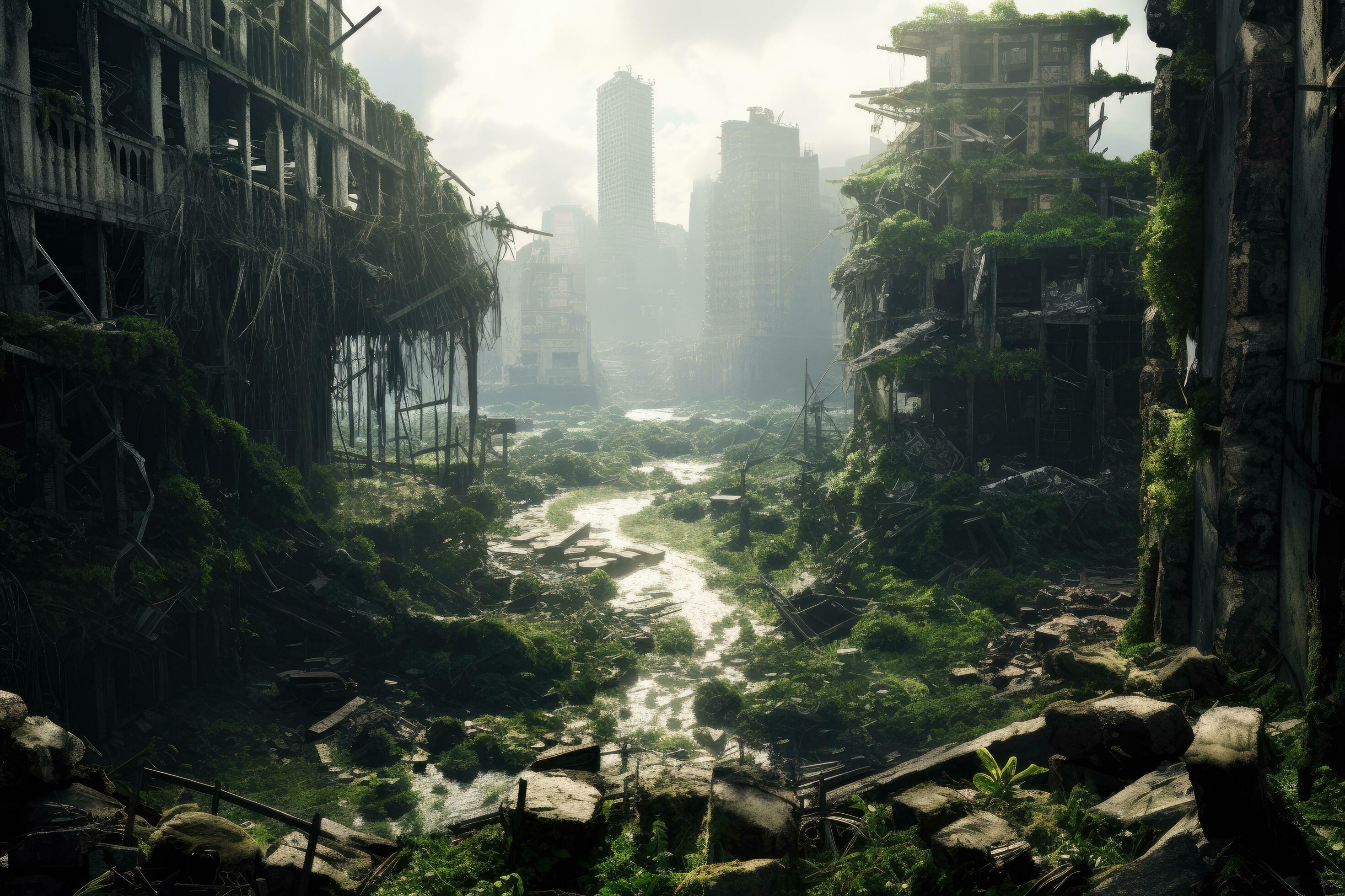 AI generated The ruins of old buildings in the jungle, Apocalyptic city ...