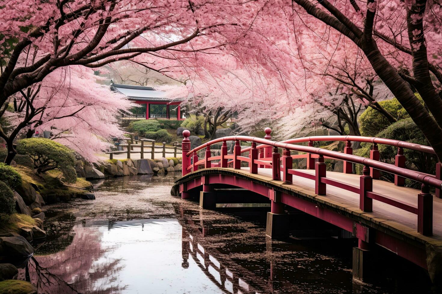 AI generated Beautiful cherry blossom sakura in japan garden with red bridge, AI Generated photo
