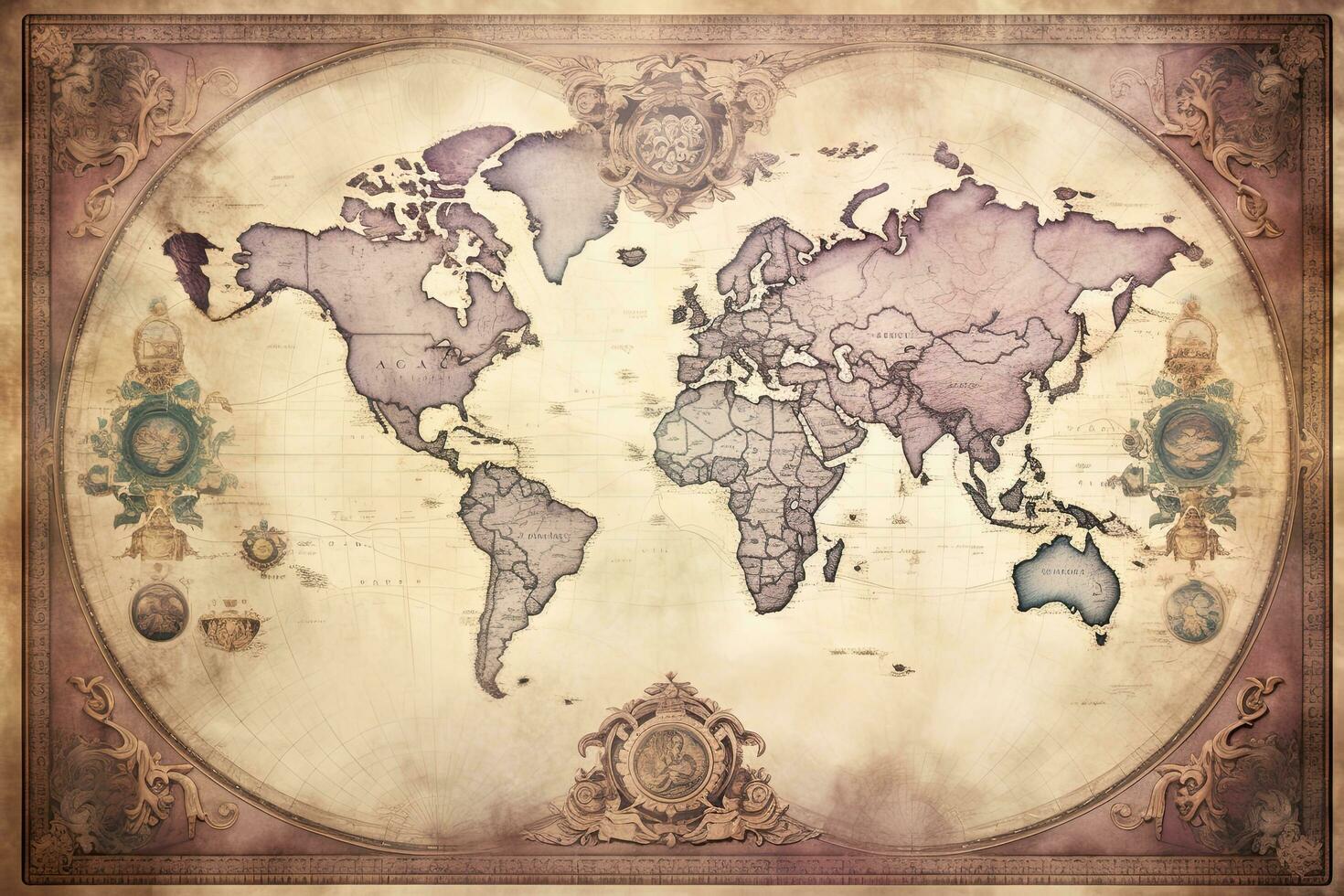 AI generated Old map of the world in grunge style on a vintage background, AI Generated photo