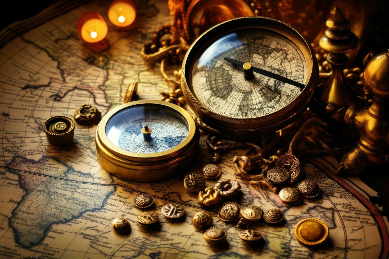 AI generated Vintage compass and old map on a dark background. Selective focus, AI Generated photo