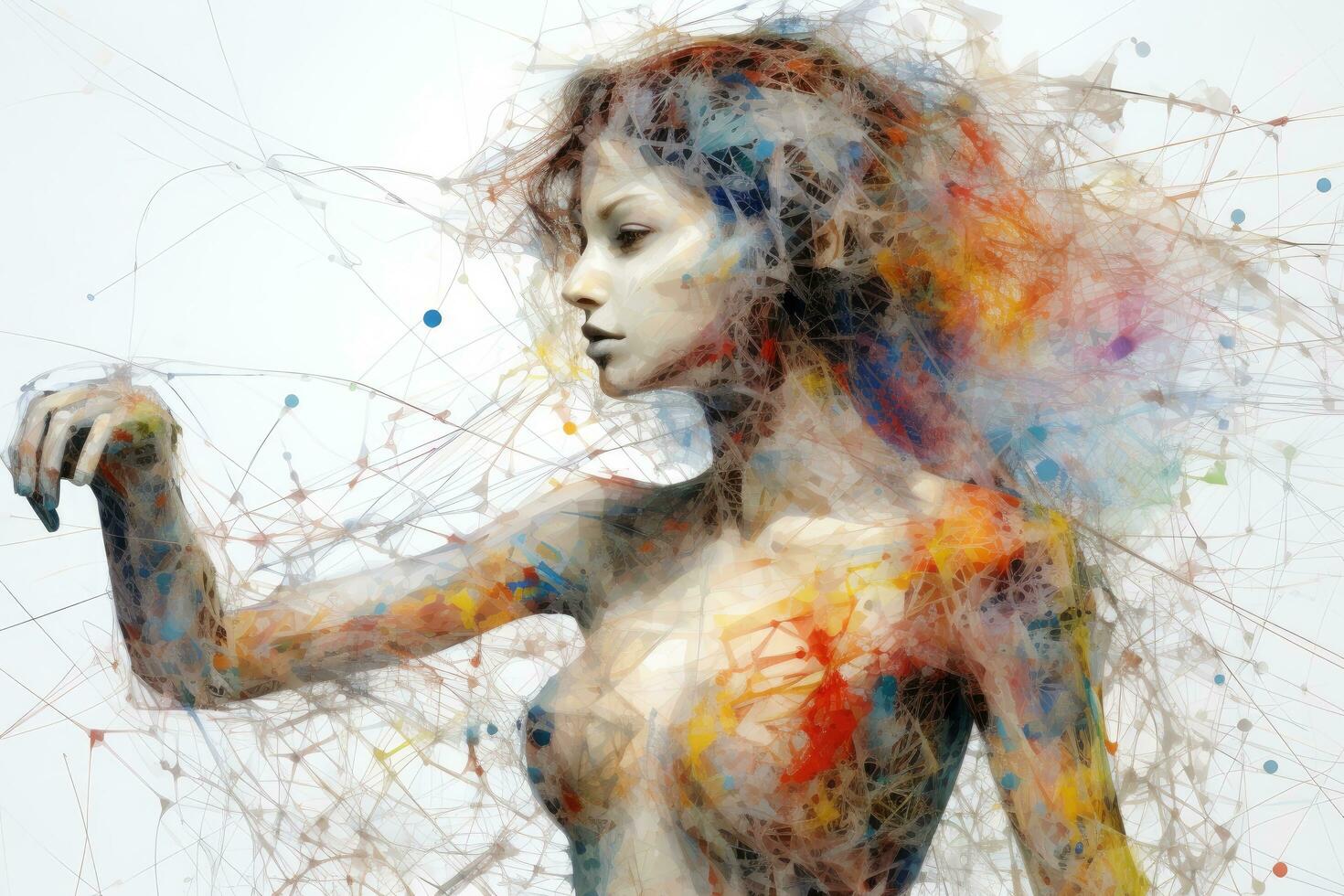 AI generated Digital painting of a woman's face with multicolored splashes, AI Generated photo