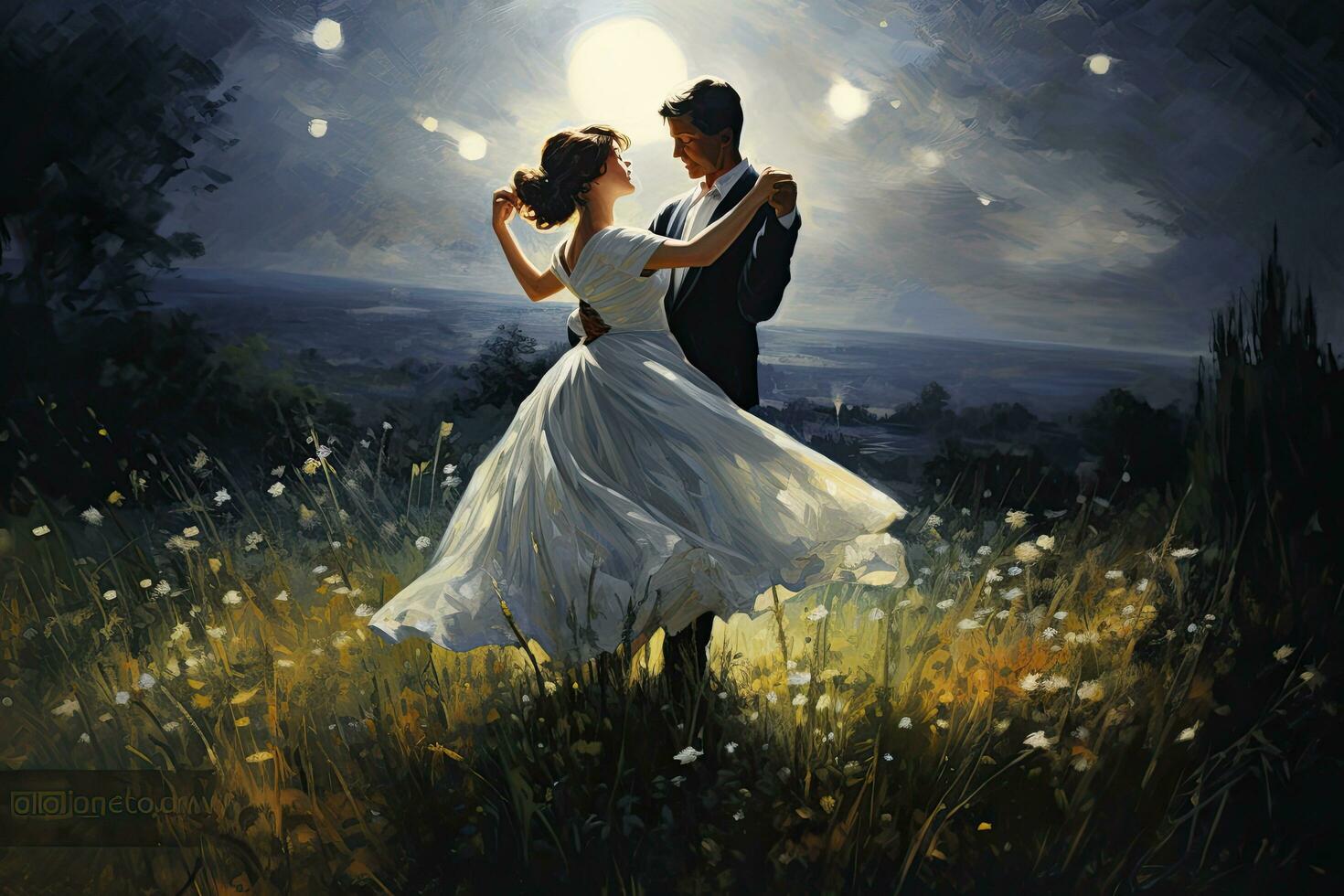AI generated Beautiful couple in love kissing under an umbrella in the rain, AI Generated photo