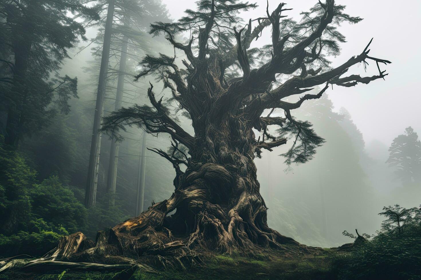 ai generado misterioso oscuro bosque con antiguo árbol. fantasía paisaje. 3d representación, ai generado foto