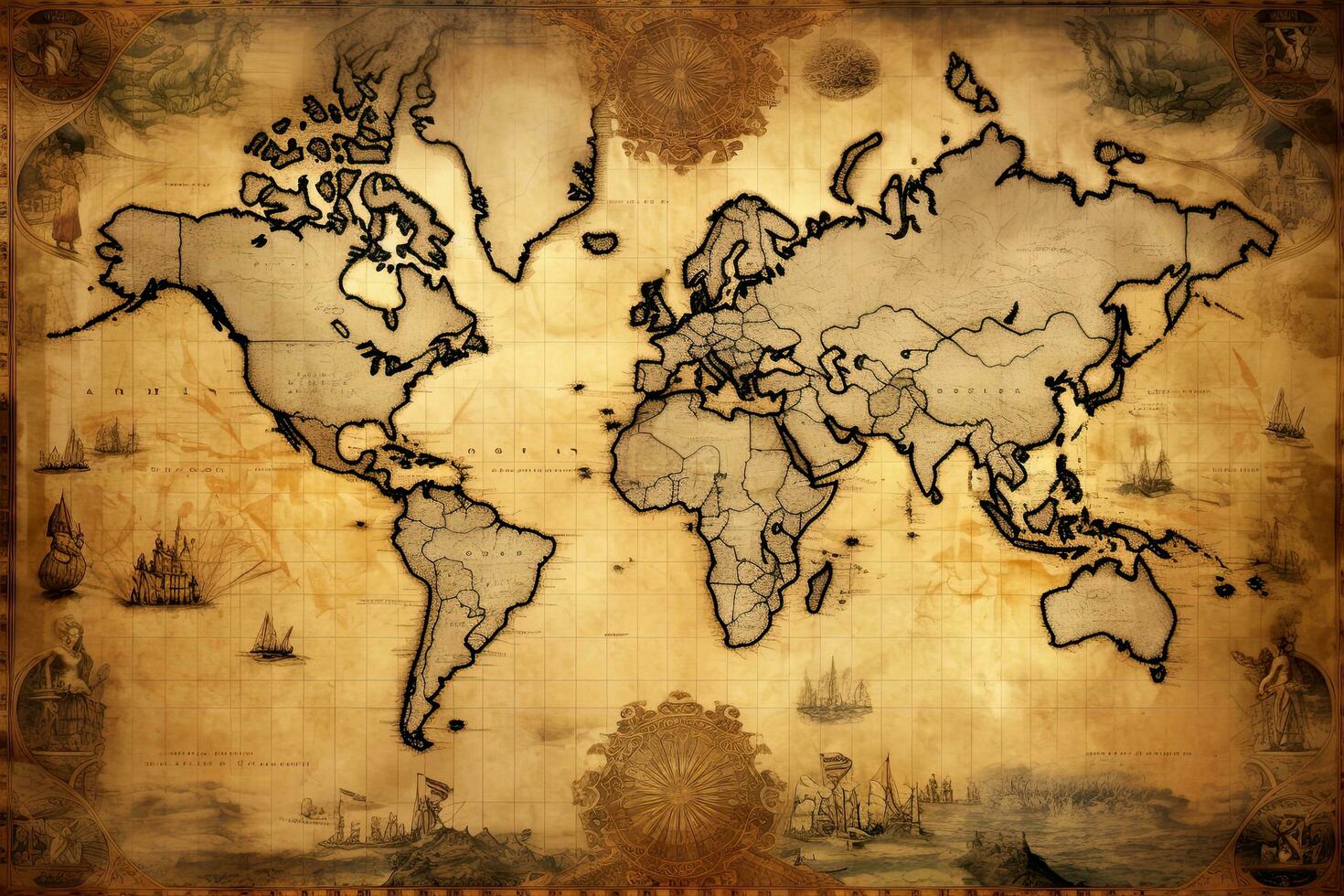 ai generado Clásico mapa de el mundo en el antiguo papel antecedentes. sepia tono, ai generado foto