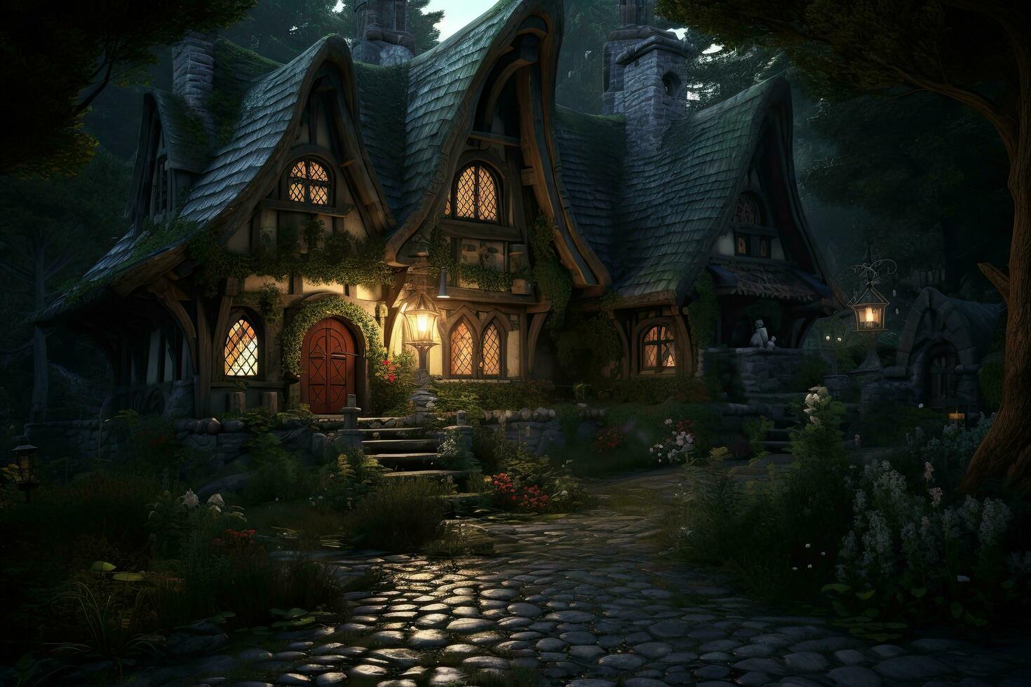 AI generated 3d rendering of a fairy tale house in the forest at night, AI Generated photo