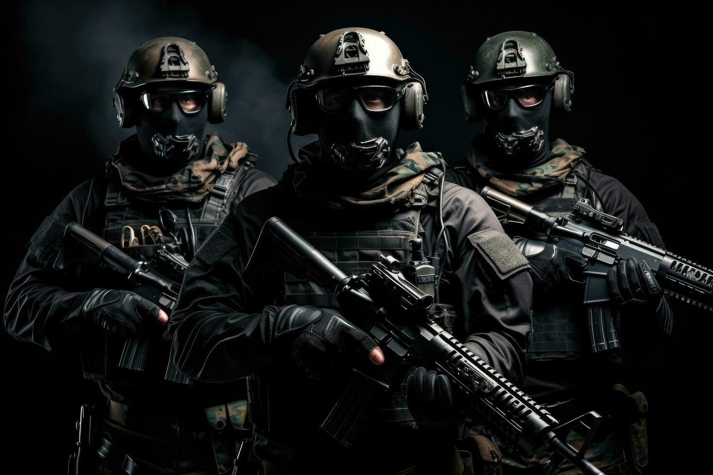 ai generado grupo de especial efectivo soldados en negro uniformes con asalto rifle en oscuro fondo, ai generado foto