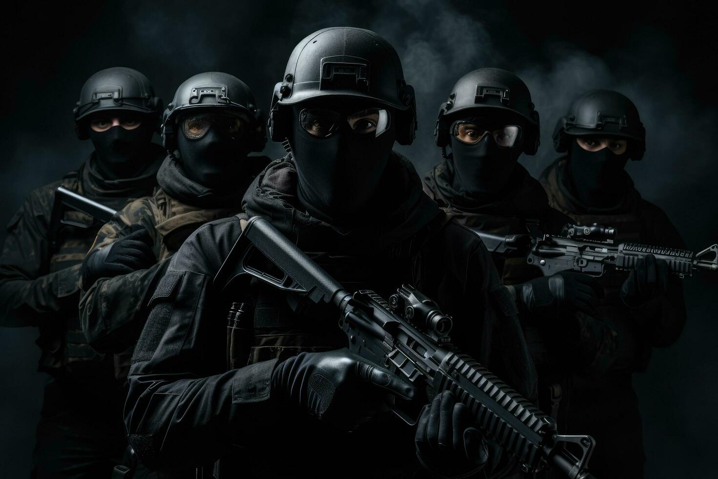 AI generated Group of special forces soldiers in black uniforms and helmets. Studio shot, AI Generated photo