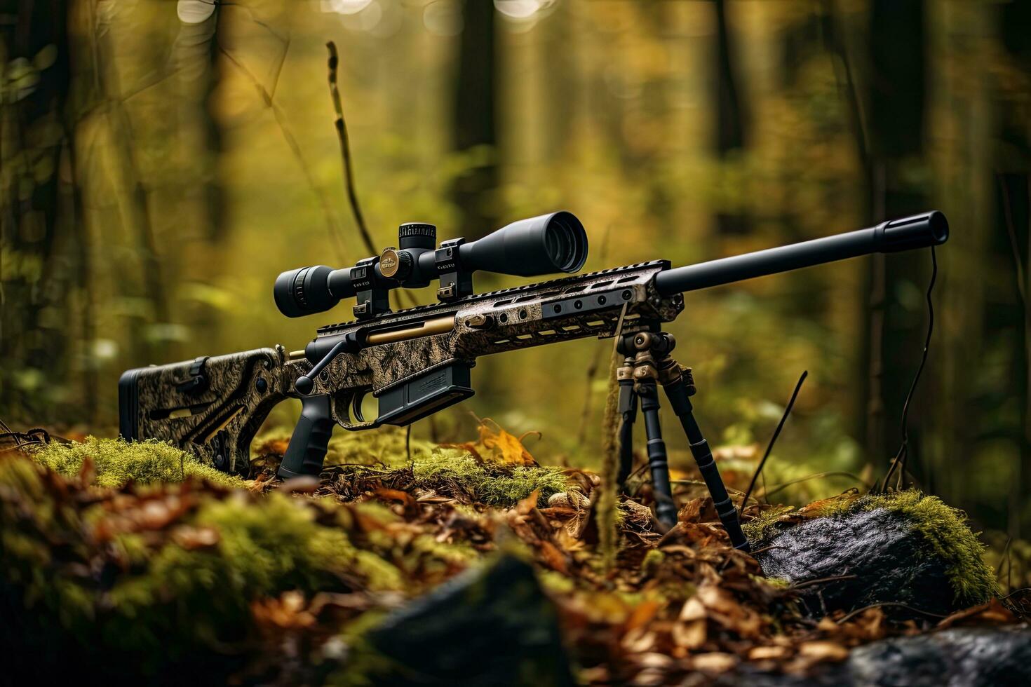 AI generated Hunting rifle with scope on a mossy log in the forest, AI Generated photo