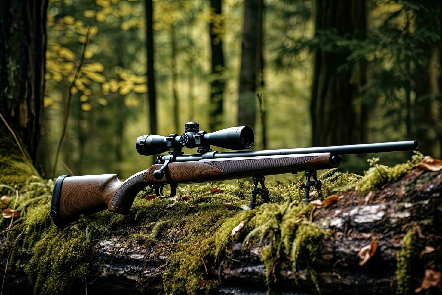 AI generated A hunting rifle with a scope on a stone in the forest, AI Generated photo