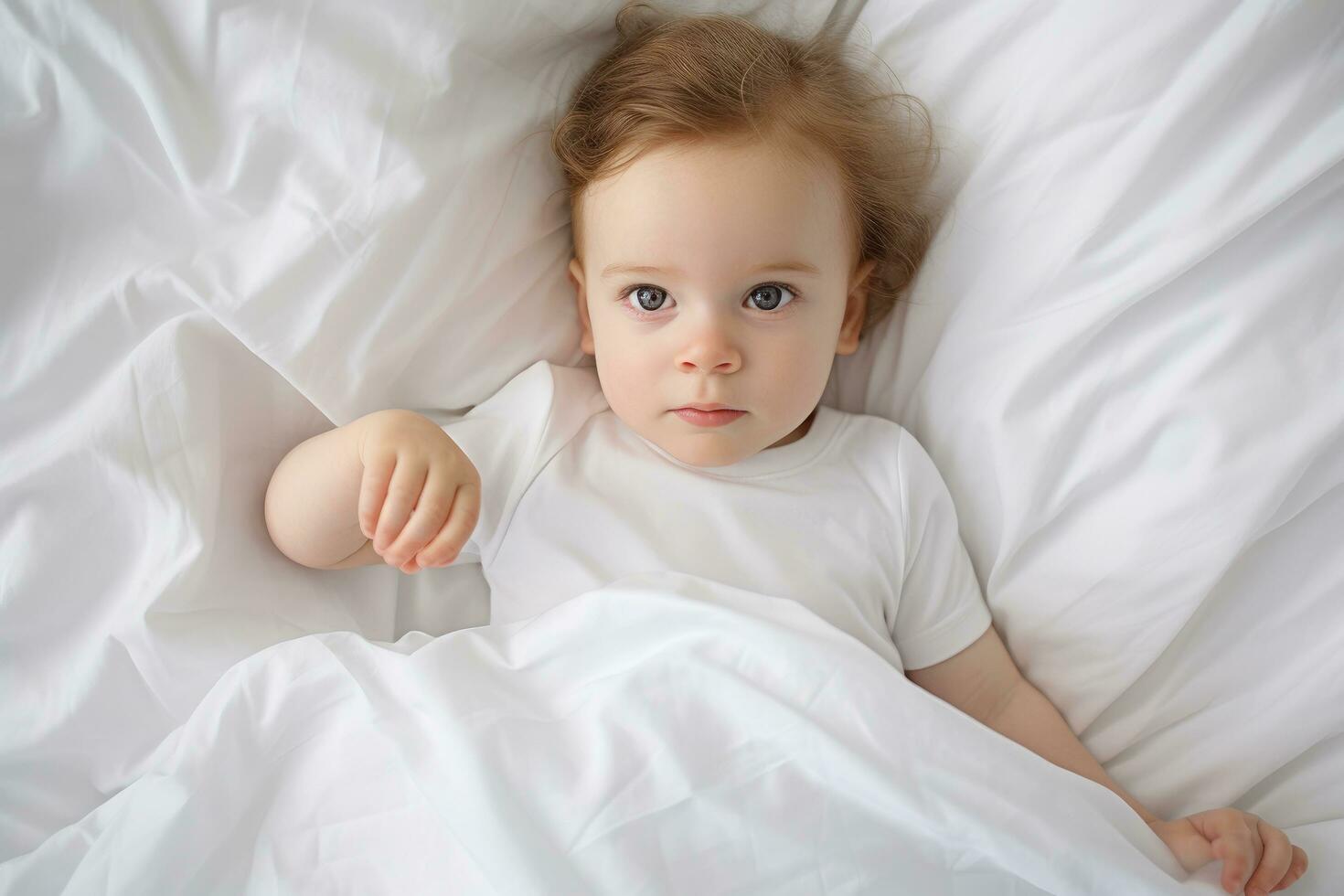 AI generated Cute little baby girl lying on bed at home, top view, AI