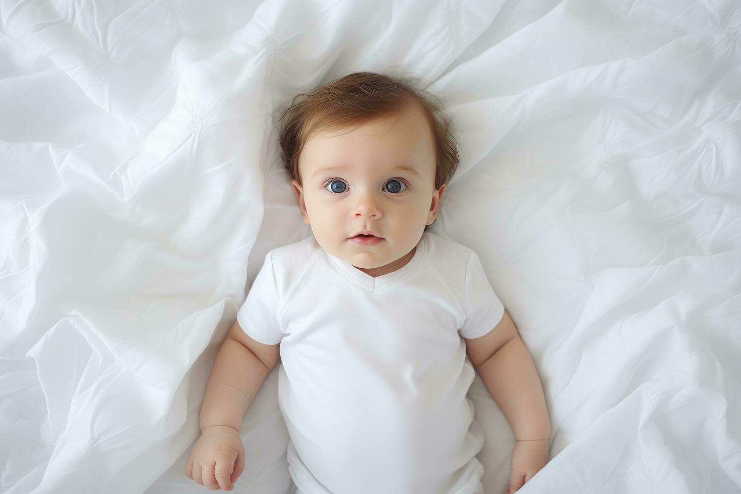 AI generated Cute little baby girl lying on white bedding, top view, AI Generated photo