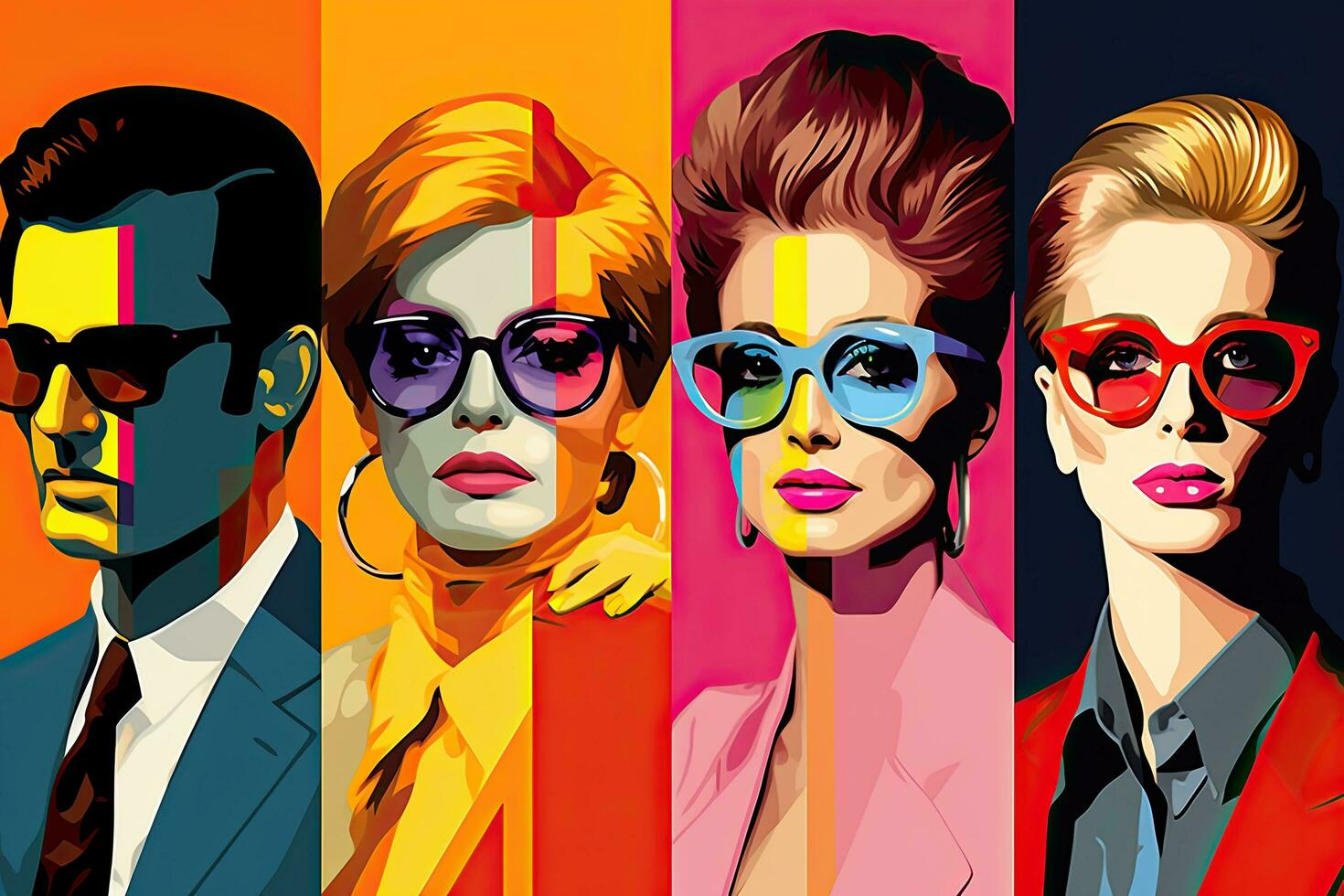 AI generated Vector illustration of a group of young people in sunglasses. Fashion men and women, AI Generated photo