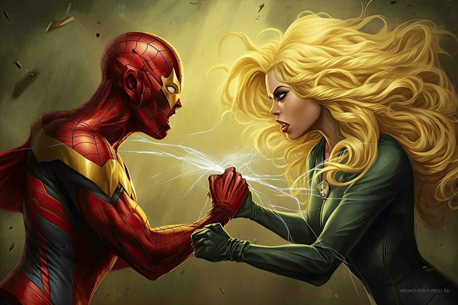 AI generated Digital illustration of a female superhero punching a female superhero with lightning, AI Generated photo