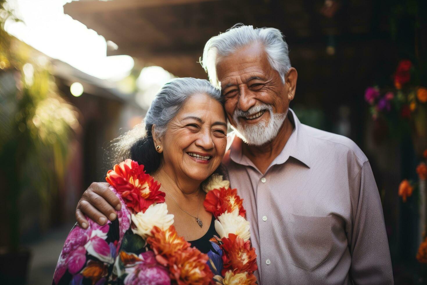 AI generated Happy asian senior couple holding flower bouquet in the garden, AI Generated photo