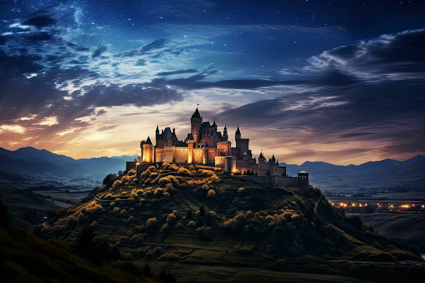 AI generated Castle on the hill at night with a beautiful starry sky, AI Generated photo