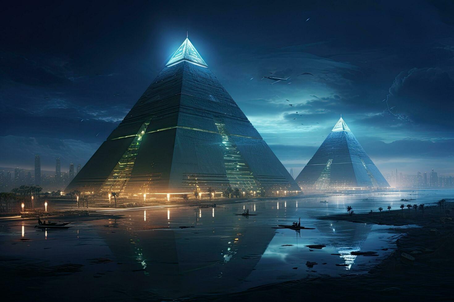 AI generated Pyramid of the Sun at night, 3d rendering. Computer digital drawing, AI Generated photo