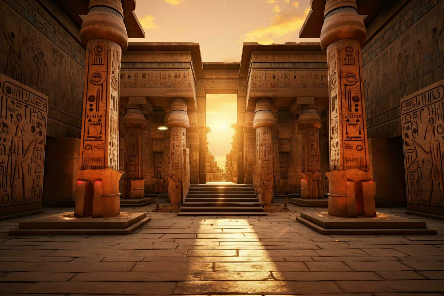 AI generated Egyptian temple at sunset with hieroglyphs. 3d rendering, AI Generated photo