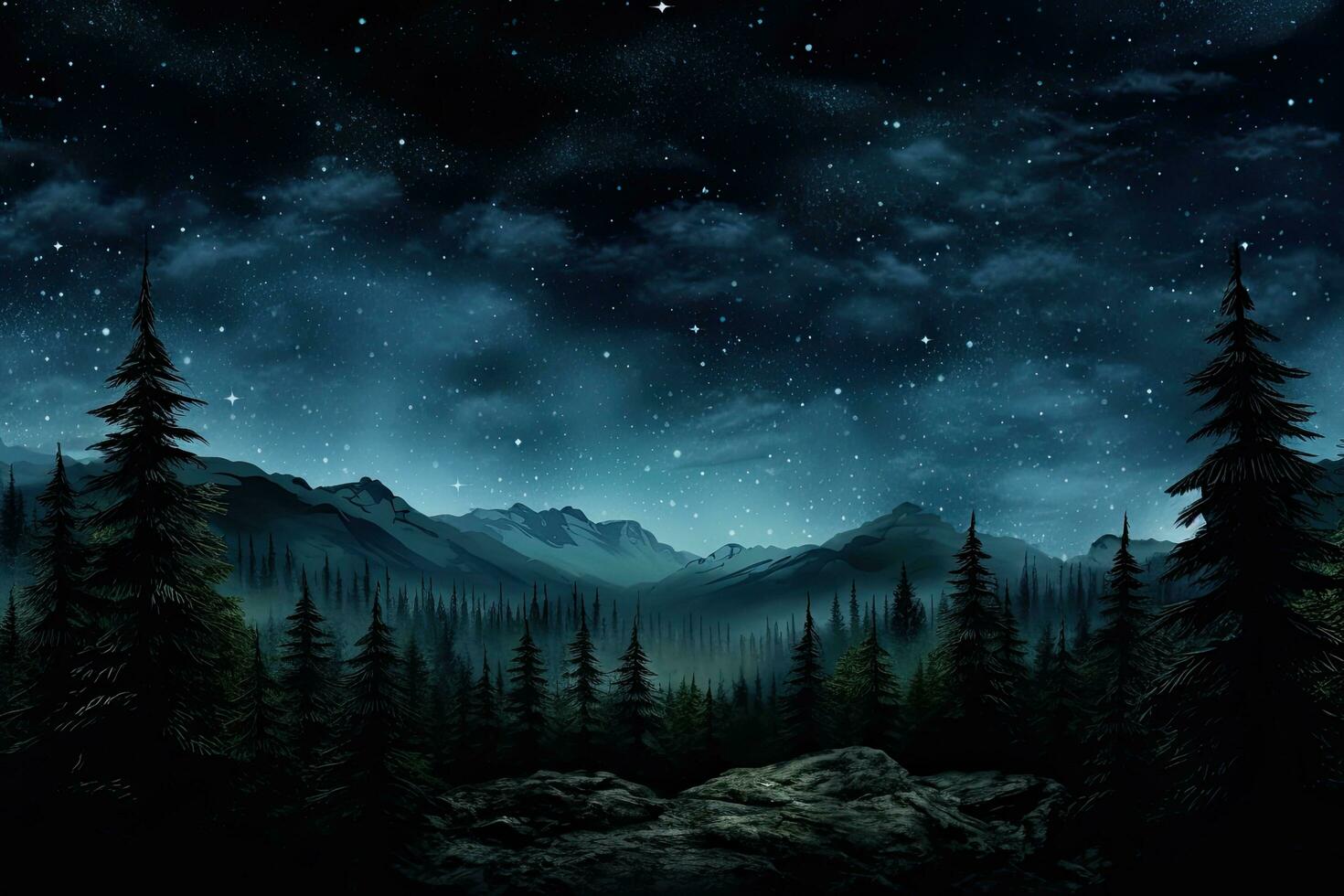 AI generated Fantasy landscape with starry sky and forest. 3d rendering, AI Generated photo