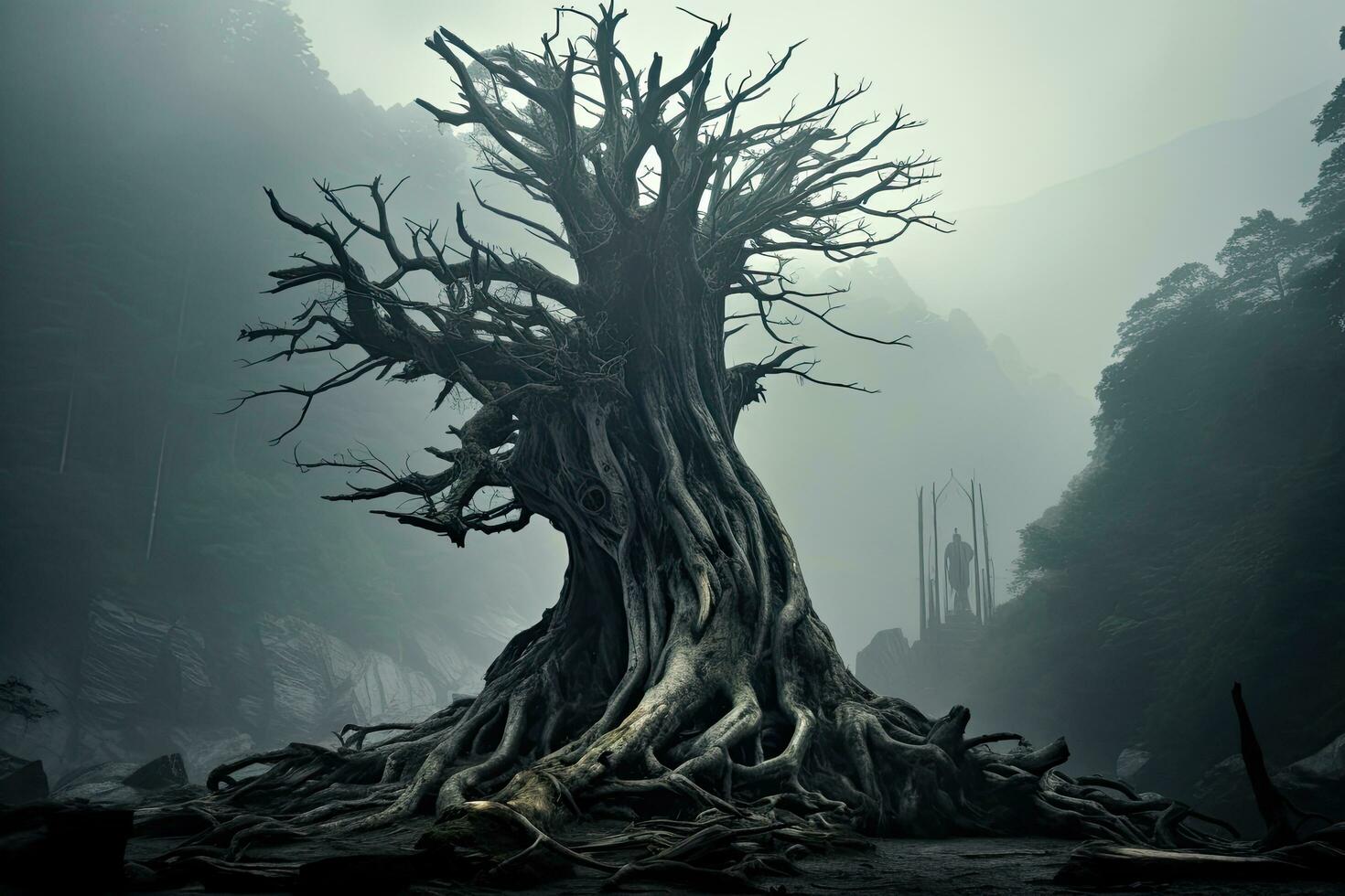 AI generated Mysterious old tree in a misty forest. 3d rendering, AI Generated photo