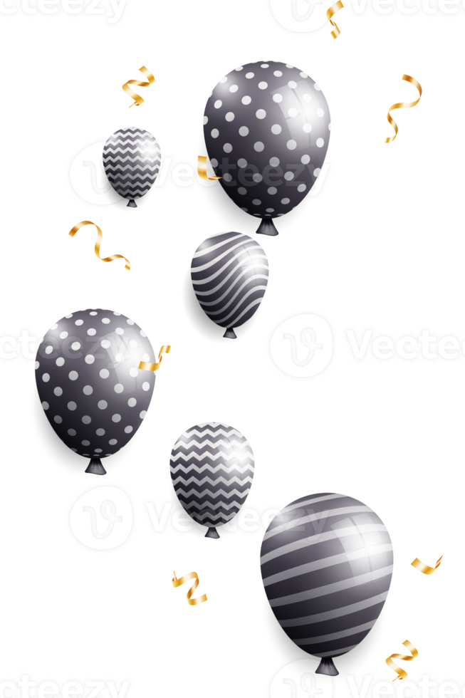 vieringen achtergrond met zwart helium ballonnen en confetti png