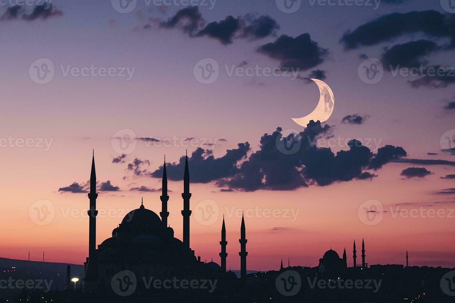 AI generated islamic background of silhouette islamic mosque at night with moon on blue sky photo
