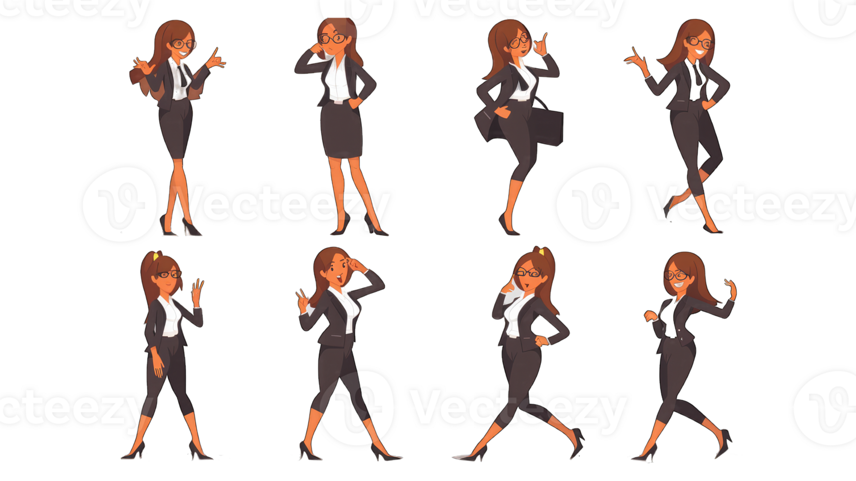Set of Businesswoman character design.Business girl character creation set with various views, poses and gestures.Cartoisolated on transparent background png