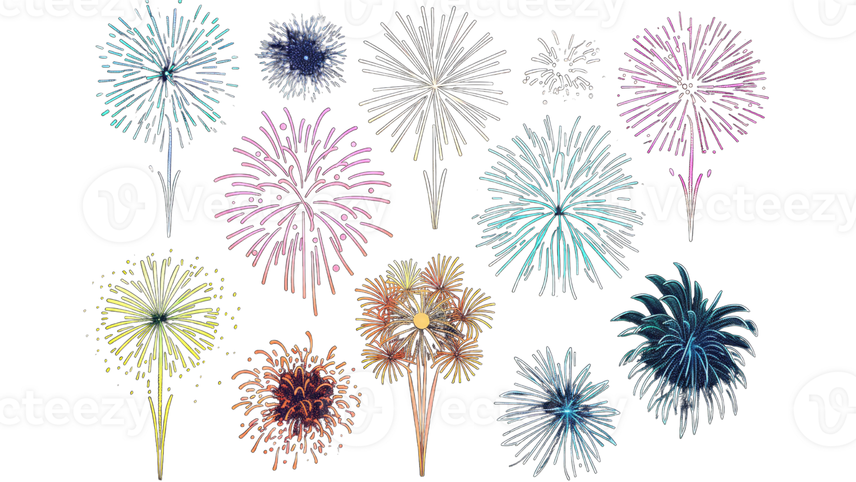 Fireworks. Colorful celebration fireworks isolated on a transparent background. From below, shot of wonderful and vivid fireworks exploding png