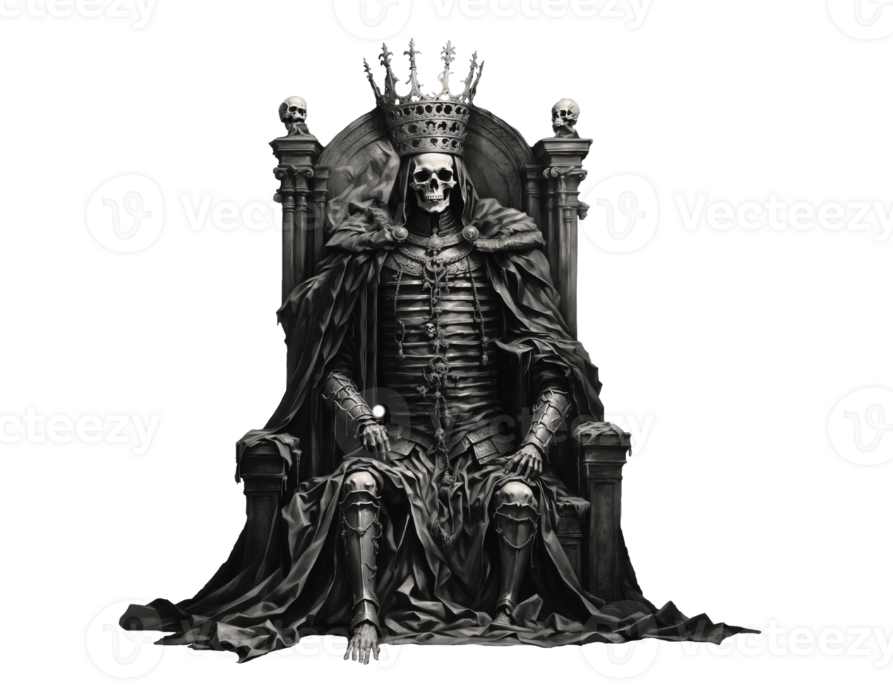 Dark lord sits on throne. Myths and legends of forgotten era. Spooky illustration. Horror fantasy genre. Scary character. Isolated on transparent background png