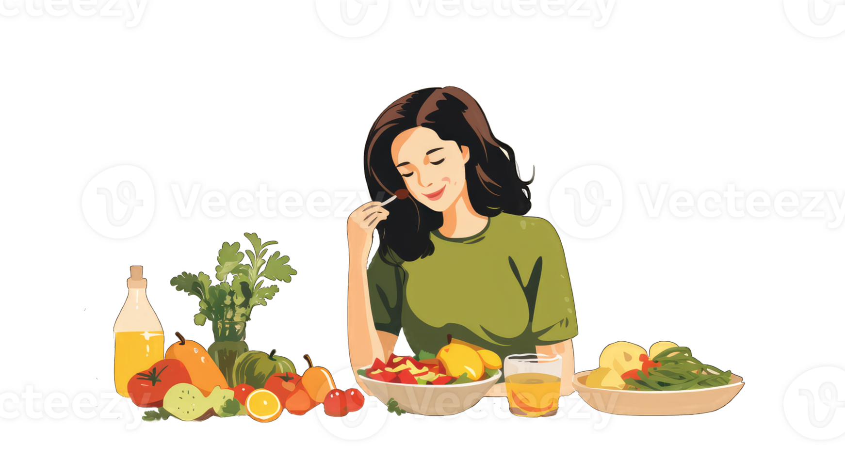 Female Characters Eating Healthy Food. Women with Fruits and Vegetables Source of Energy and Health, Vegetarian Diet Isolated on transparent background. Cartoon People Illustration png