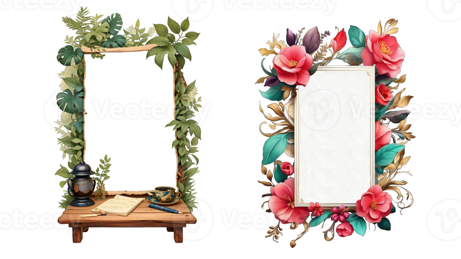 Mock up poster frame in tropical and flower garden, 3D illustration, transparent background png