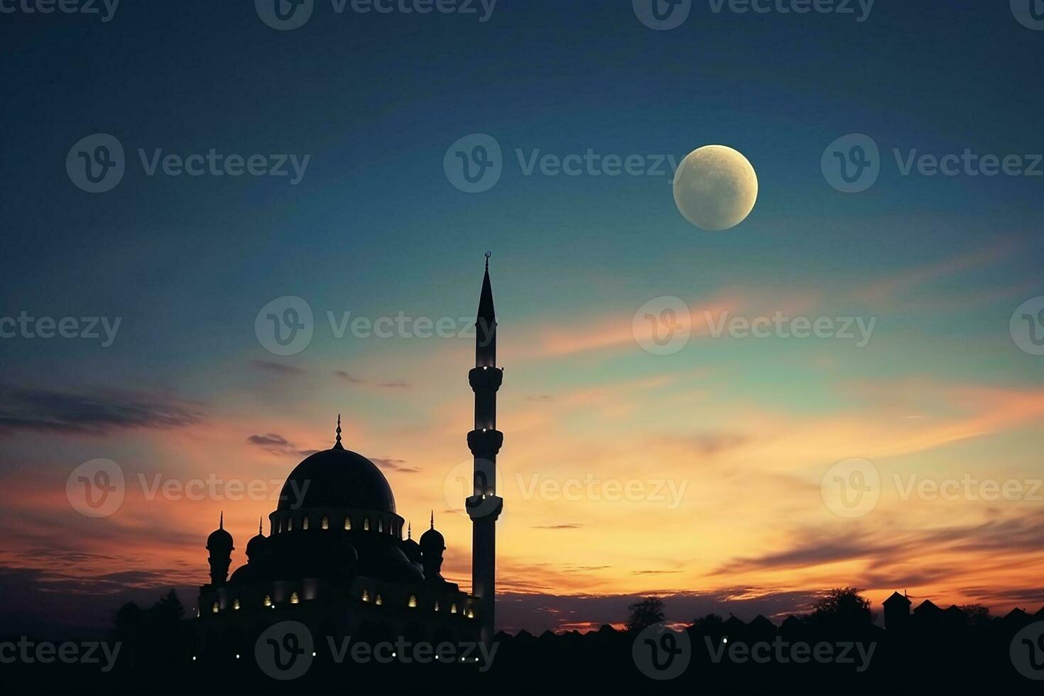 AI generated islamic background of silhouette islamic mosque at night with moon on blue sky photo