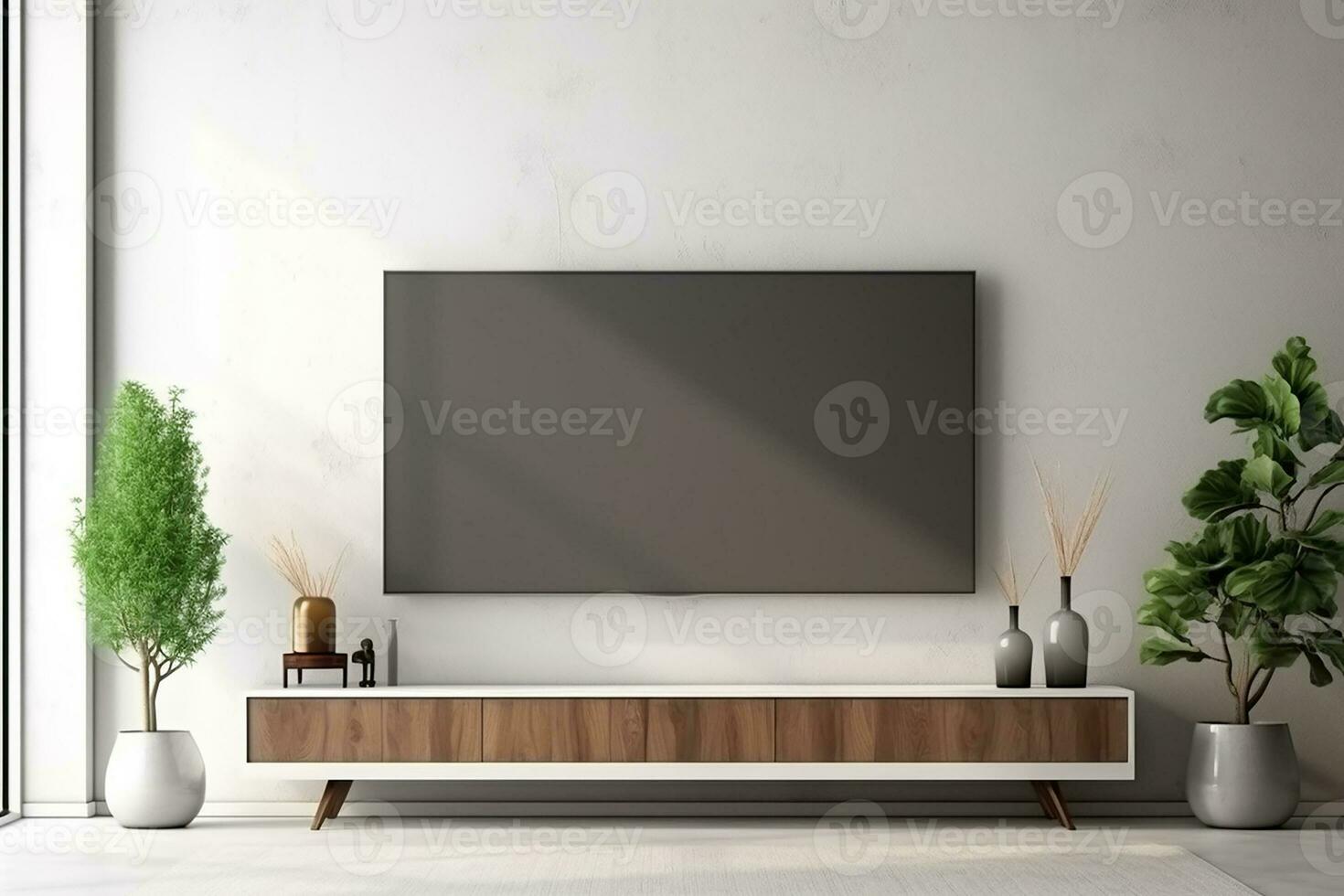 ai generado 3d prestados vacío plasma televisión blanco habitación con un de madera mesa y plantas mínimo con Copiar espacio foto