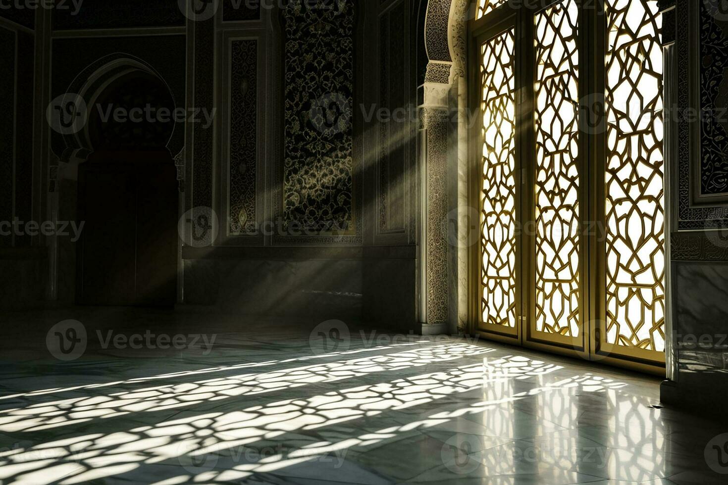AI generated Islamic background light with mosque window ornament scene photo