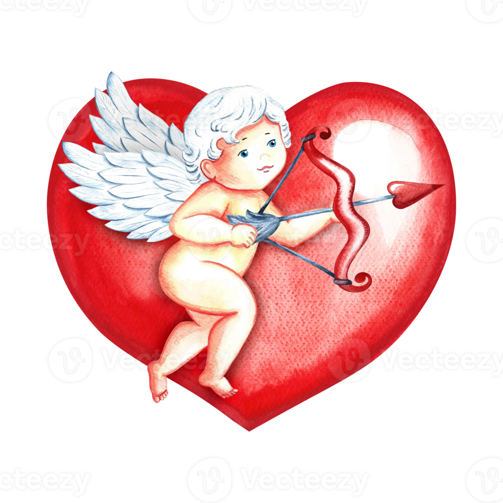 A flying cupid with a bow and arrows on the background of a red heart. Hand-drawn watercolor illustration. For Valentine's Day and wedding. For packaging, posters, greeting cards. For print, printing png