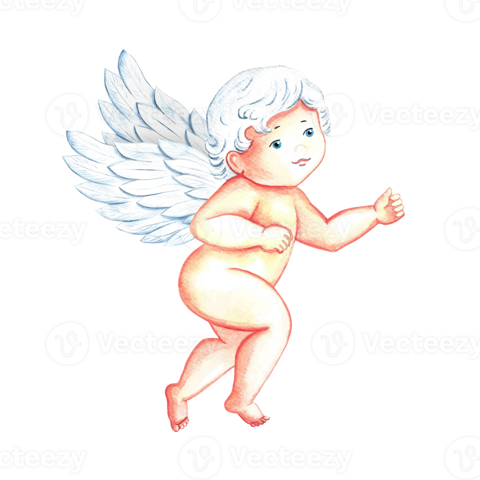 Cute charming Cupid, little angel or god Eros. Watercolor illustration, hand-drawn. Conceptual design for Valentine's Day and wedding. For postcards, prints and packaging. For flyers, banners, posters png