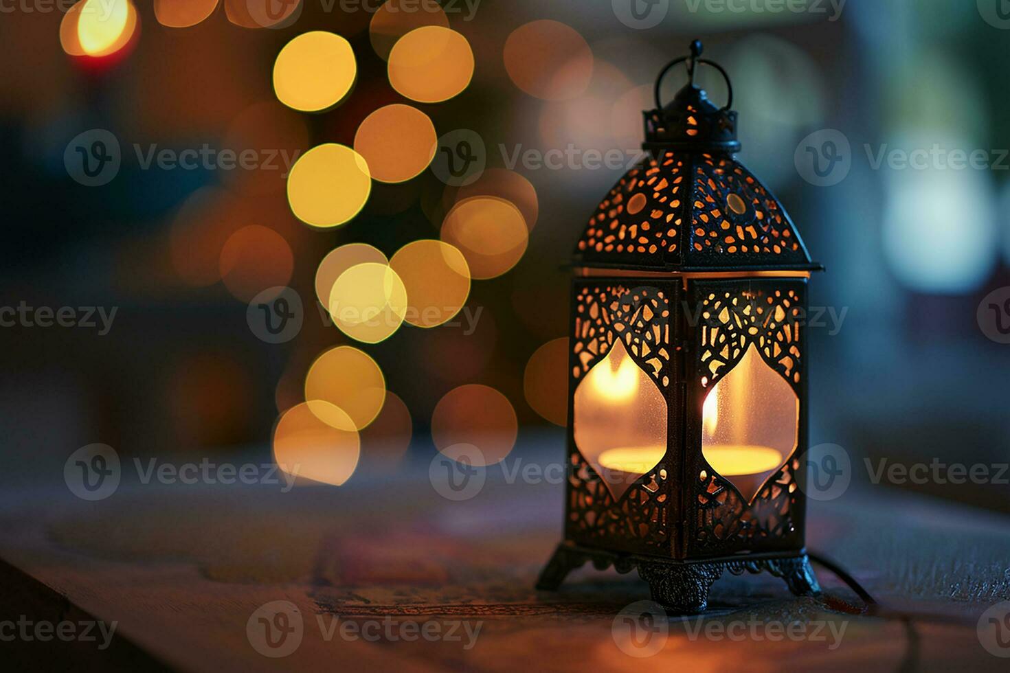 AI generated Ornamental Arabic lanterns. Glittering golden bokeh lights on the table photo