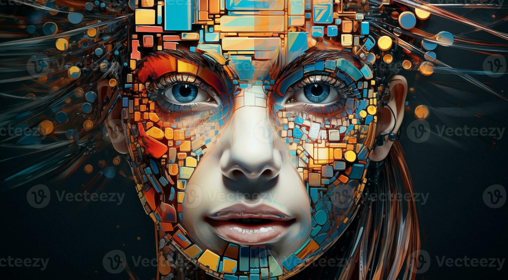 AI generated abstract AI face on technology background, AI humans face on background, technology AI face, bionic robot face photo