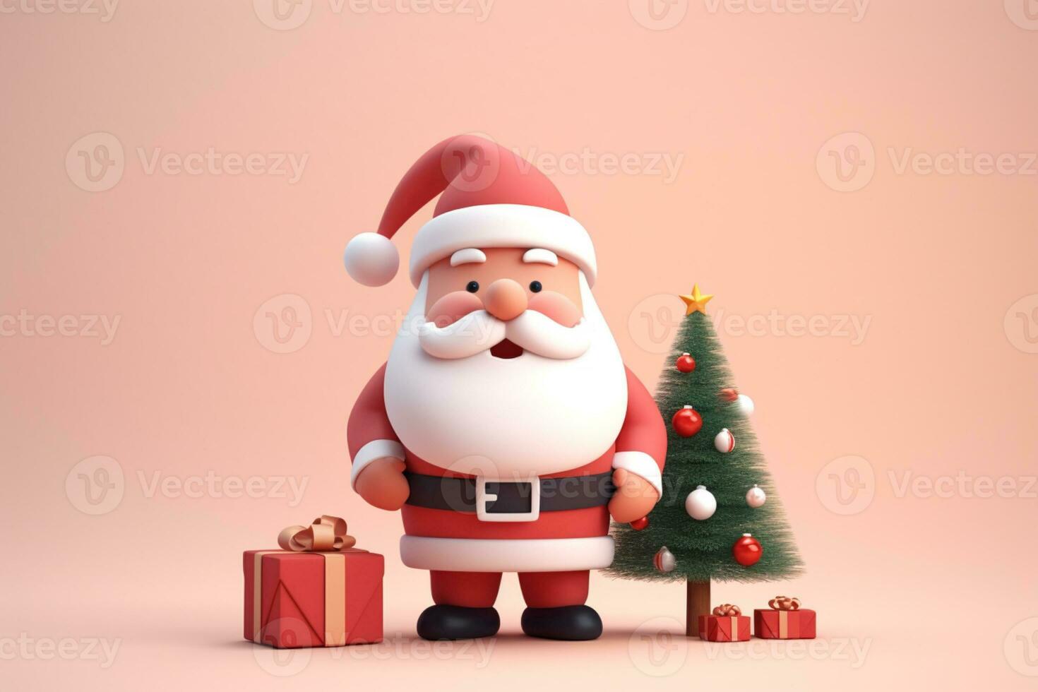 AI generated 3d rendered minimal santa clause with christmas tree and gifts on pastel background photo