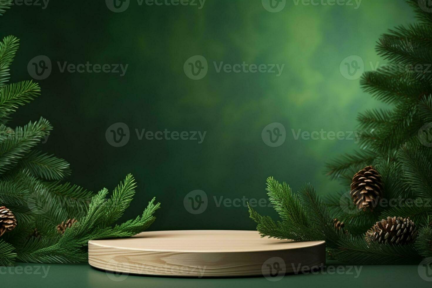 AI generated Christmas elegant and natural podium with tree stage display mockup with lightbranches of spruce pine photo