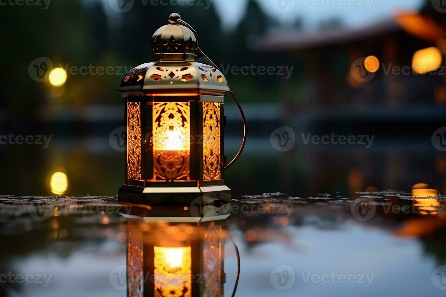 AI generated Lantern with bokeh lights for Islamic new year and Ramadan Kareem concept. photo