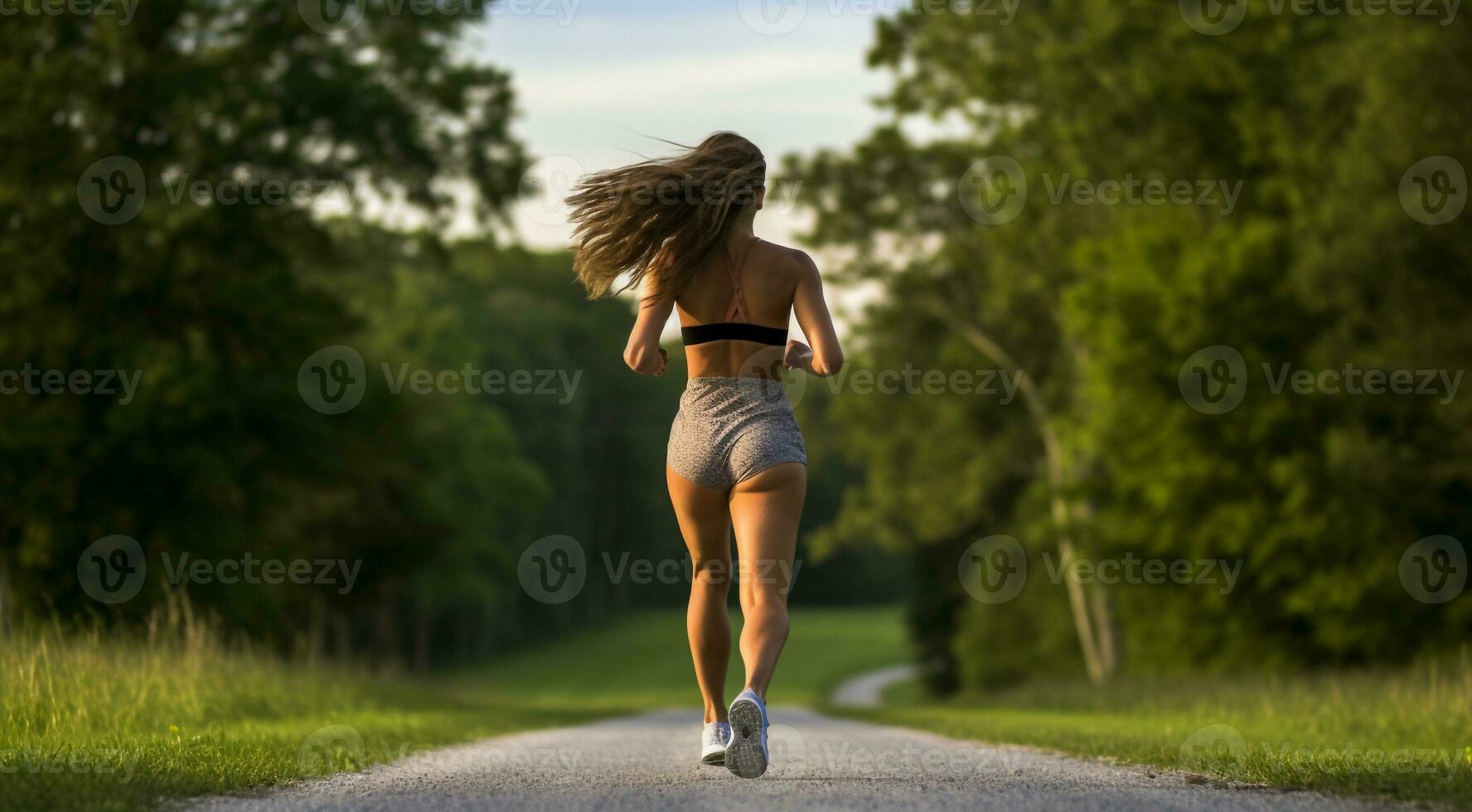 ai generado bonito niña corriendo en naturaleza, Deportes niña correr, joven mujer es corriendo foto