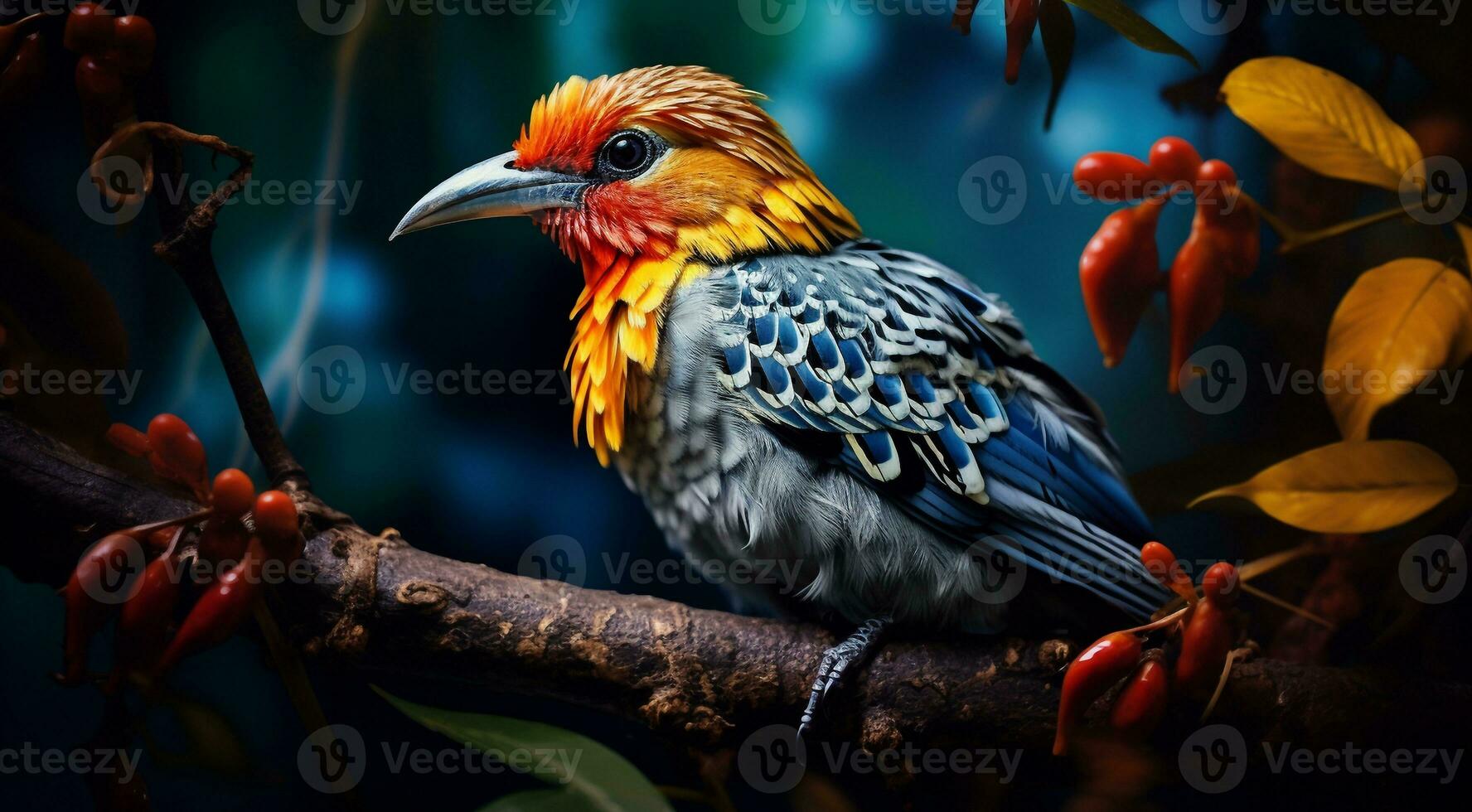 AI generated close-up of atropical wild bird in the forest, tropical wild bird, wild bird in the forest, bird sitting on the tree photo