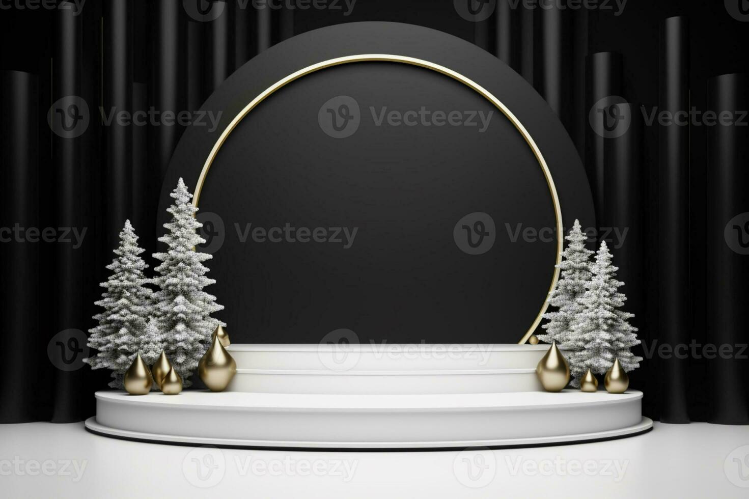 AI generated merry Christmas 3d rendered black and white Podium display for event photo