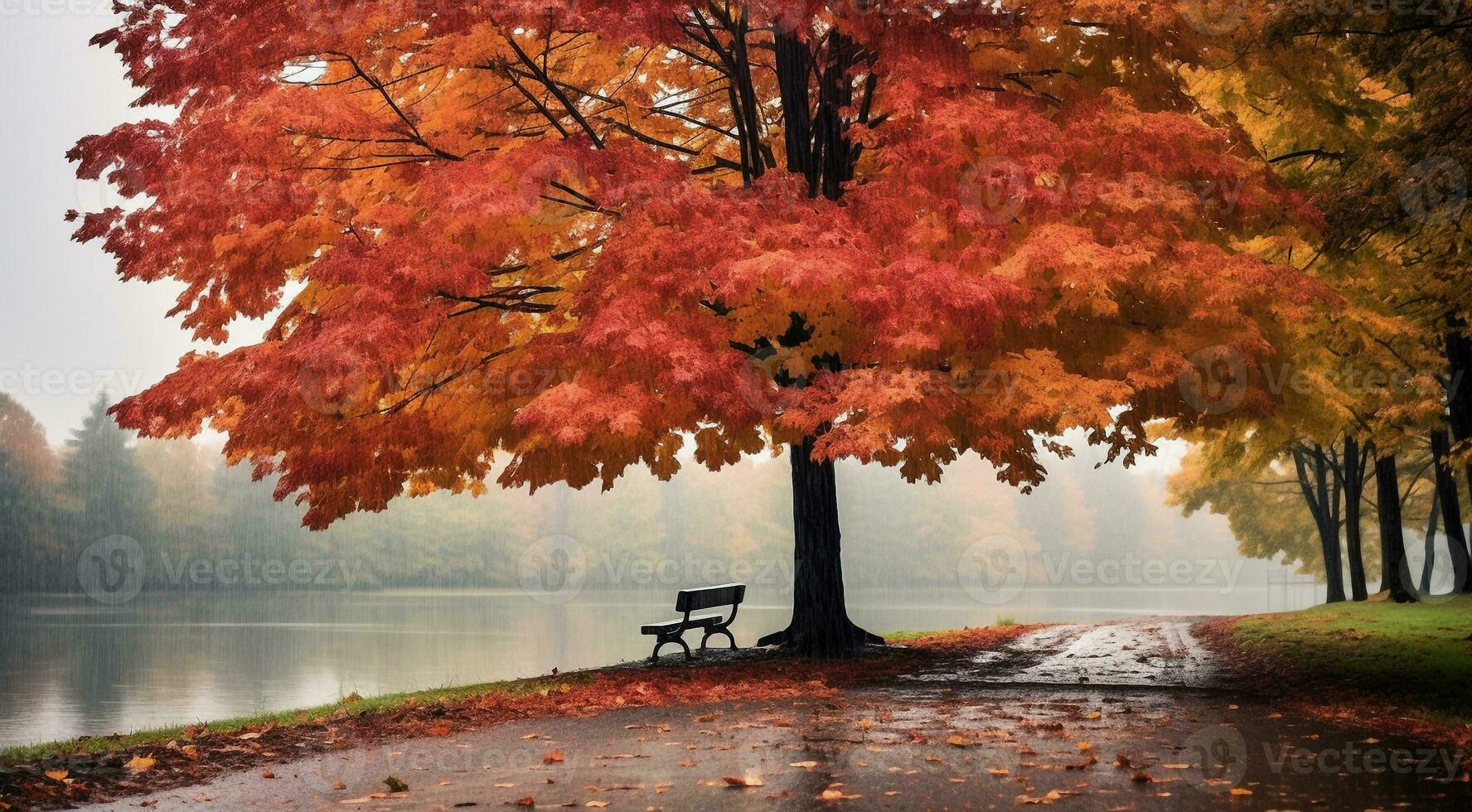 AI generated autumn in the park, trees in the park, autumn seasone, autumn scene in the park, beautiful trees in autumn photo